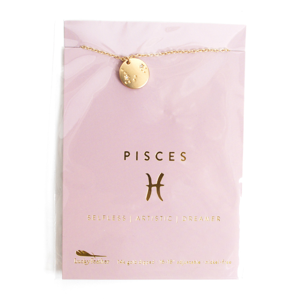Lucky Feather, Gold, Zodiac, Necklace, Pisces